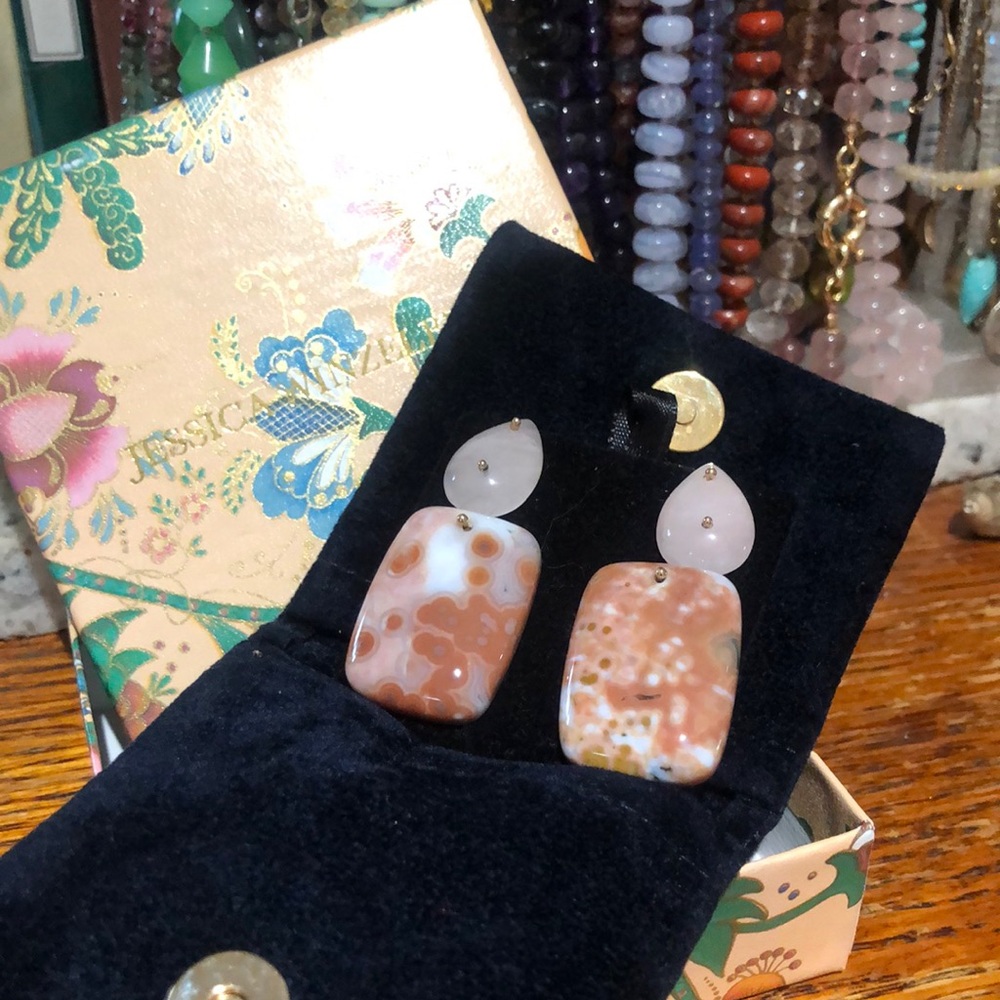 Jessica Winzelberg Drop Earrings. Rose Quartz, Ocean Jasper, 14k gold. Custom